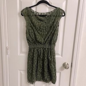 5/$25 Forest Green Leaves Nature Drop Waist Sheer Mini Dress